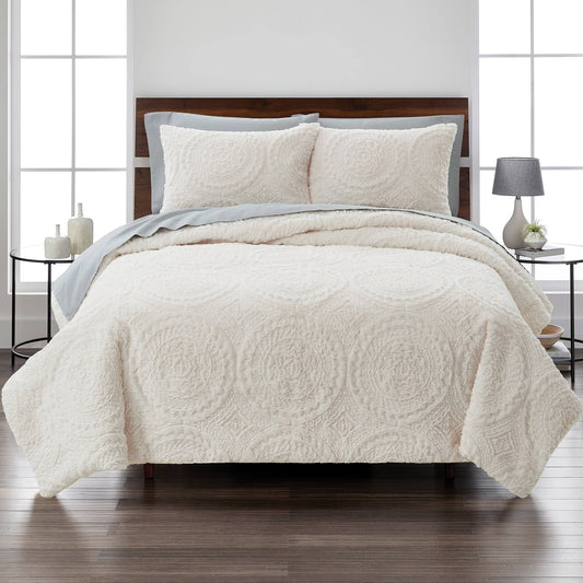 Homes & Gardens 3-Piece Ivory Embroidered Faux Fur Comforter Set, King