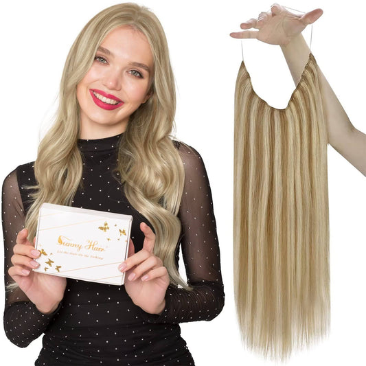 Hidden Wire Fish Line Remy Human Hair Extensions Medium Brown Balayage Platinum Blonde Fish Wire Hair Extensions One Piece Fish Line Extensions