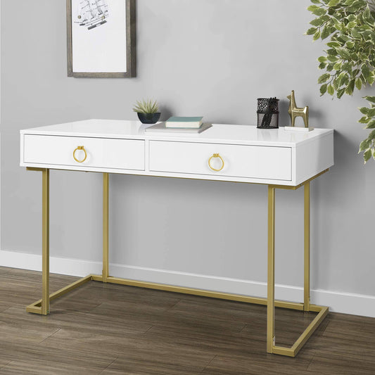Home Office Two-Drawers Computer Desk Vanity Table, Wood And Metal, White And Gold