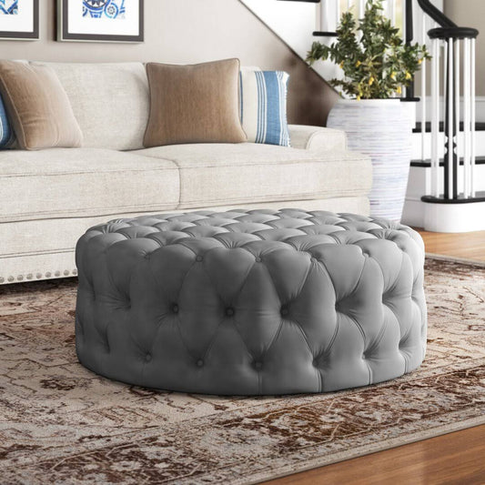 Huskins 41.73" Tufted Round Cocktail Ottoman Fabric Beige Velvet