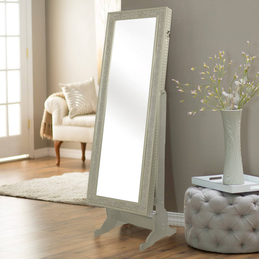 Home Glitzy Royal Champagne Crystal-Bordered Rectangular Jewelry Armoire Cheval Full-Length Mirror