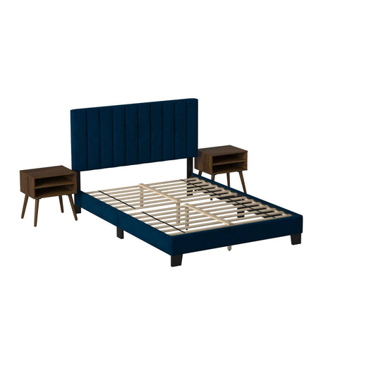House Furnishings Colbie Upholstered Queen Platform Bed With Nightstands In Navy