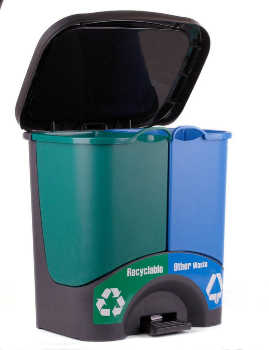 Home Trash Bins - Double Bin (Green/Blue) Recycle, Trash, Can, Bin, Garbage, Plastic, Wastebasket, Adjustable,