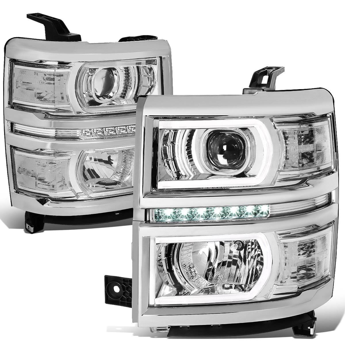Hl-Lb-Cs15-Ch-Cl1 Led Drl+Tube Bar Projector Headlight Chrome/Clear [For 14-15 Chevy Silverado]
