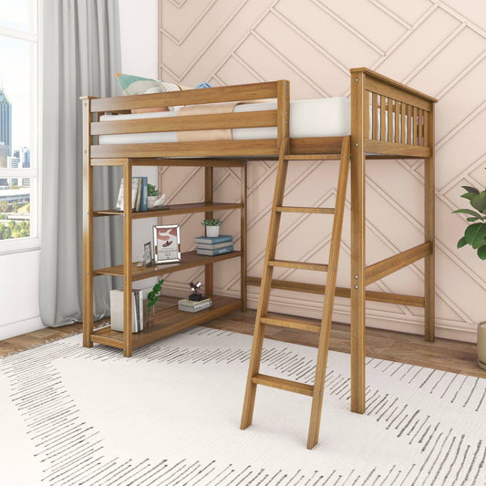 High Loft Bed With Bookcase And Desk - Pecan