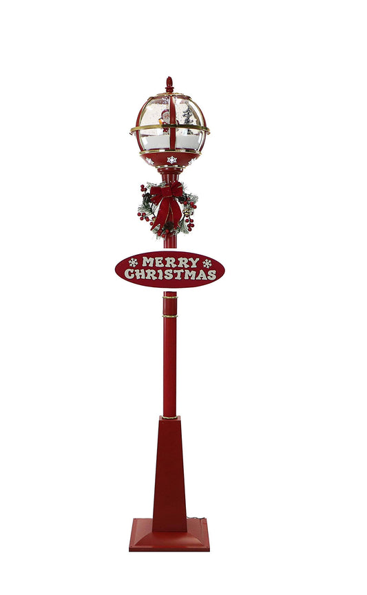 Hill Farm Let It Snow Series 69-In. Snow Globe Lamp Post In Red With Santa Scene,2 Signs,Cascading Snow, Christmas Carols