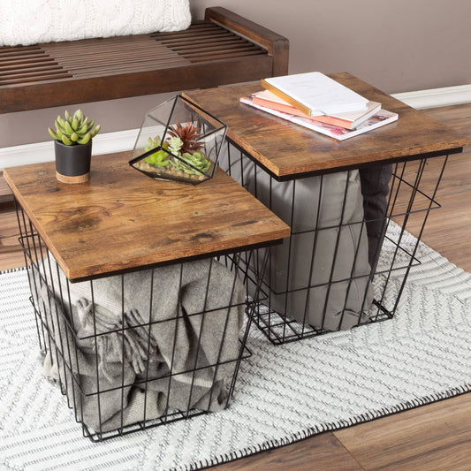 Home End Table With Storage Square Wire Basket Base And Wood Tops Nesting Tables, Set Of 2, Brown