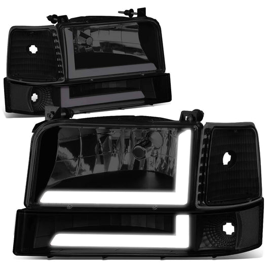 Hl-Lb-F15092-6p-Bk-Sm For 1992 To 1996 Ford F150 F250 F350 Bronco 6pcs Led Drl Headlight Bumper Lamps Black Smoked