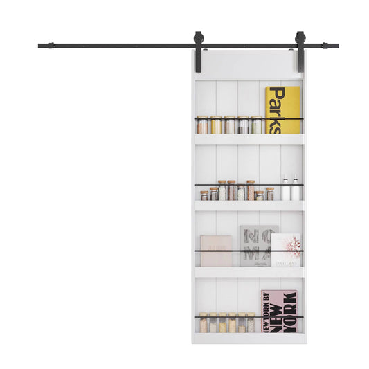 Home 36in X 84in Sliding Barn Door, Shelf Style, Made Of Primed Mdf, Sliding Door With 6.6 Ft Hardware Kit