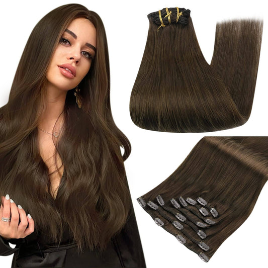Human Hair Clip In Extensions 18 Inch 7 Pcs Full Head Clip On Hair Extensions Human Hair Color 4 Medium Brown Clip In Hair 100 Gram Real
