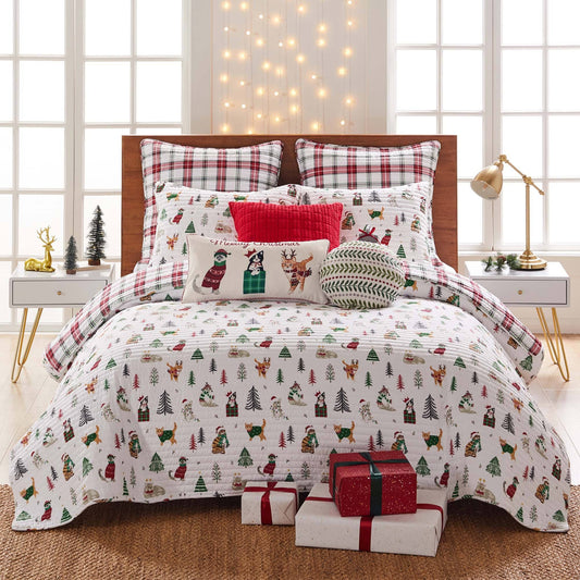 Home Meowy Christmas Quilt Set With Shams - White - King