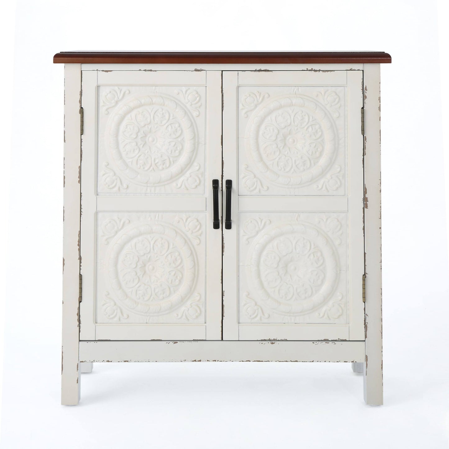 House Leisha Farmhouse Firwood Distressed Cabinet With Carved Panels, White And Brown