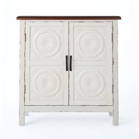 House Leisha Farmhouse Firwood Distressed Cabinet With Carved Panels, White And Brown
