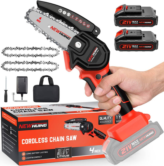 Huing Mini Cordless Chainsaw Kit, Upgraded 4" One-Hand Handheld Electric Portable Chainsaw, 21v Rechargeable Battery Operated