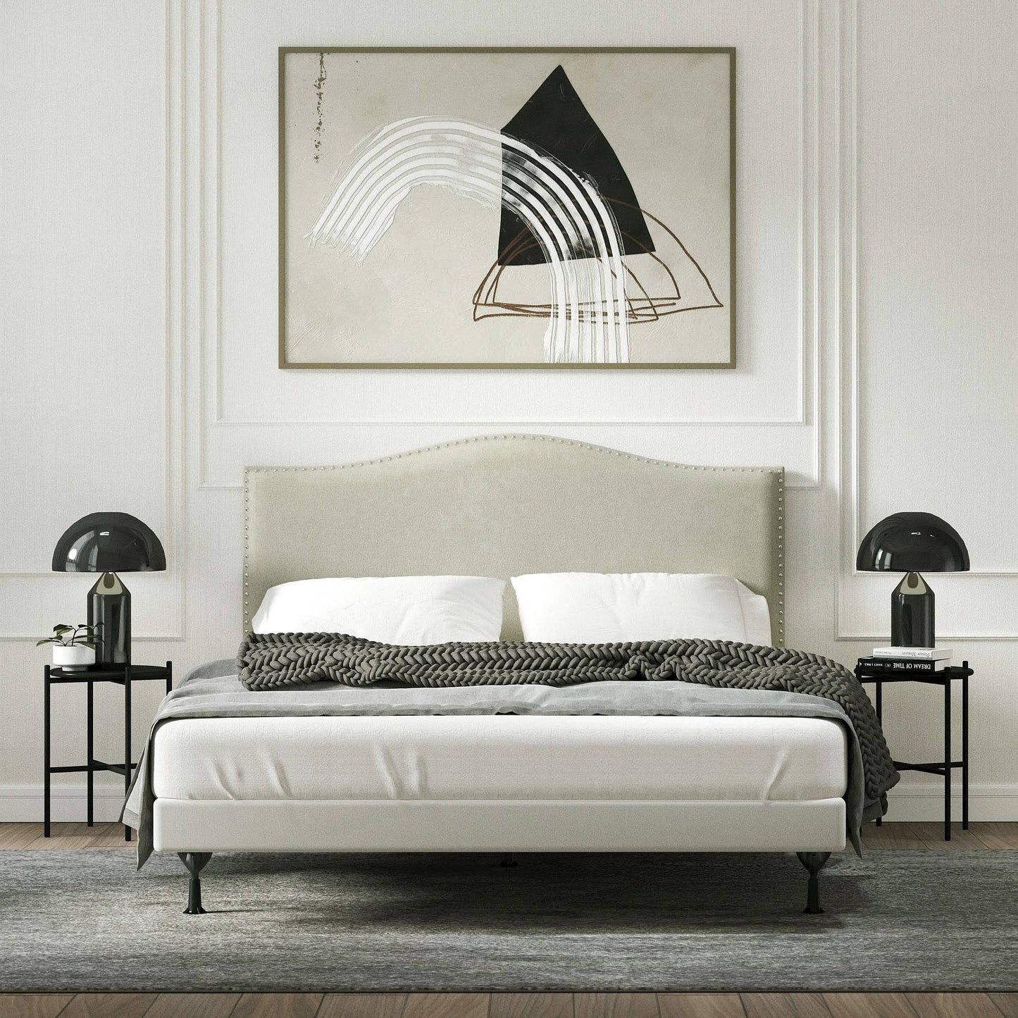Home Kameli Nailhead-Trim Camelback Upholstered Headboard, Beige, Full/Queen