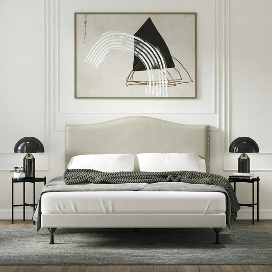 Home Kameli Nailhead-Trim Camelback Upholstered Headboard, Beige, Full/Queen