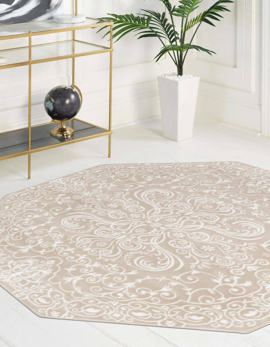 Himalaya 8 Ft Octagon Beige Floral Area Rug