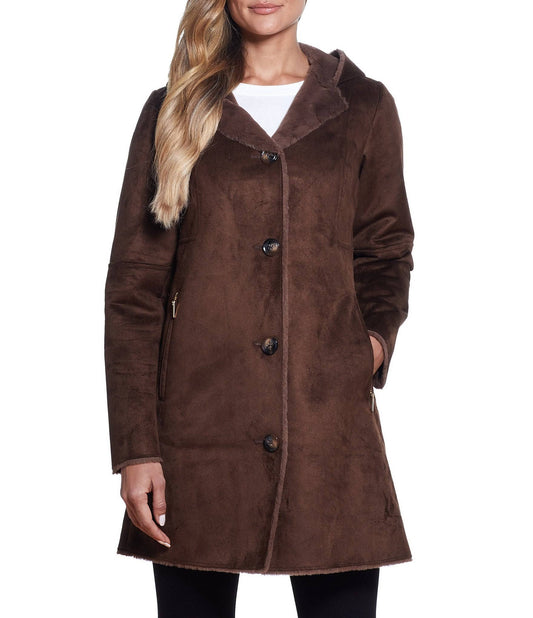 Hooded Faux Shearling Long A-Line Coat In Brown