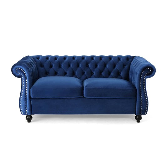House Aaniya Traditional Velvet Chesterfield Loveseat Sofa, Navy Blue