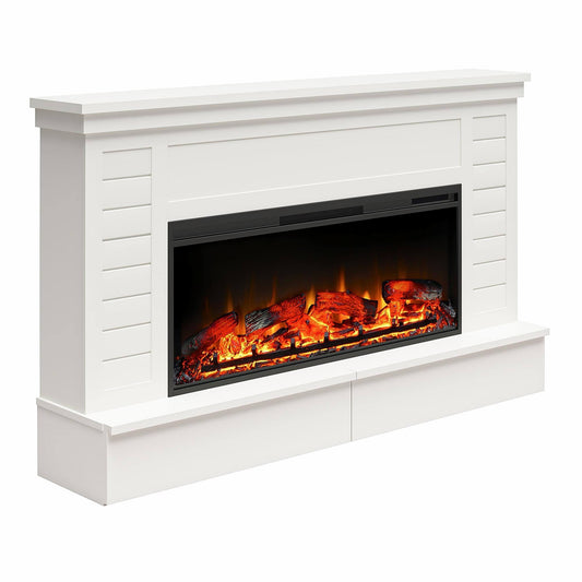 Home Herrick Wide Shiplap Mantel With Linear Electric Fireplace And Storage Drawers - White