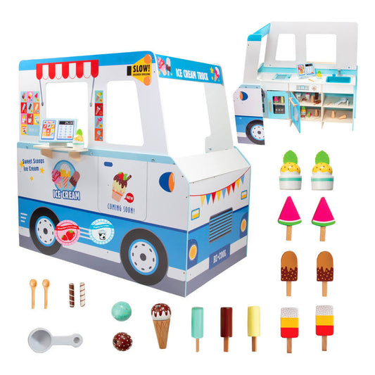 Ice Cream Truck Wooden Playset 20 Fun Toy Pieces Including Freezer Steering Wheel Sink & Sticker Sheet For Kids Name Includes Popsicles Cones
