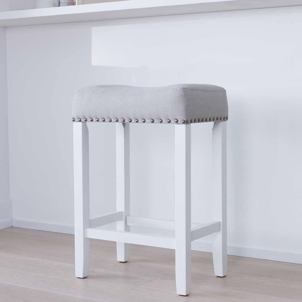 Hylie Nailhead Wood Pub-Height Kitchen Counter Bar Stool 24", Gray/White