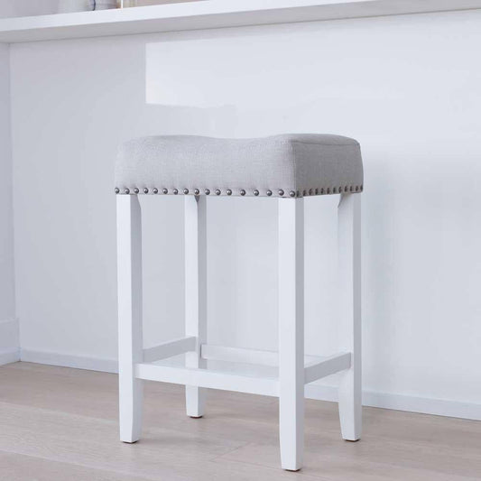 Hylie Nailhead Wood Pub-Height Kitchen Counter Bar Stool 24", Gray/White