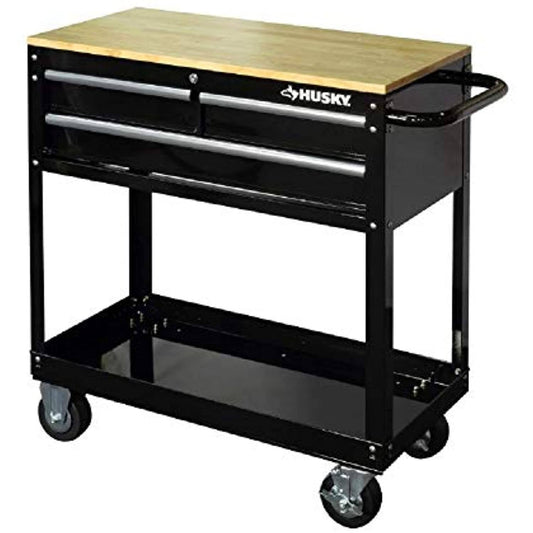 Houc3603b1qwk 36 In. 3-Drawer Rolling Tool Cart With Wood Top, Black