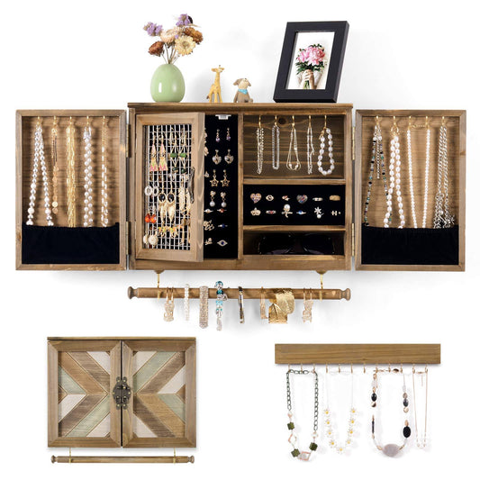 Ikkle Wooden Jewelry Organizer Wall Mounted Rustic Jewelry Holder With Wooden Barn Door For Necklaces Earrings Bracelets Ring, A