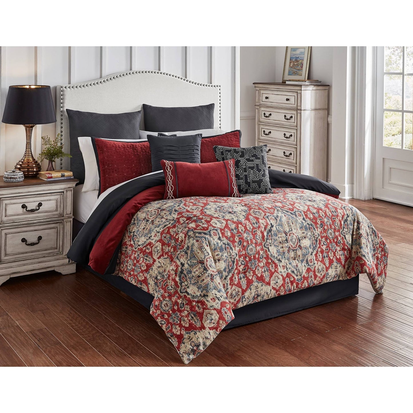 Home Sadler 10 Piece Comforter Set - Red/Grey - Queen