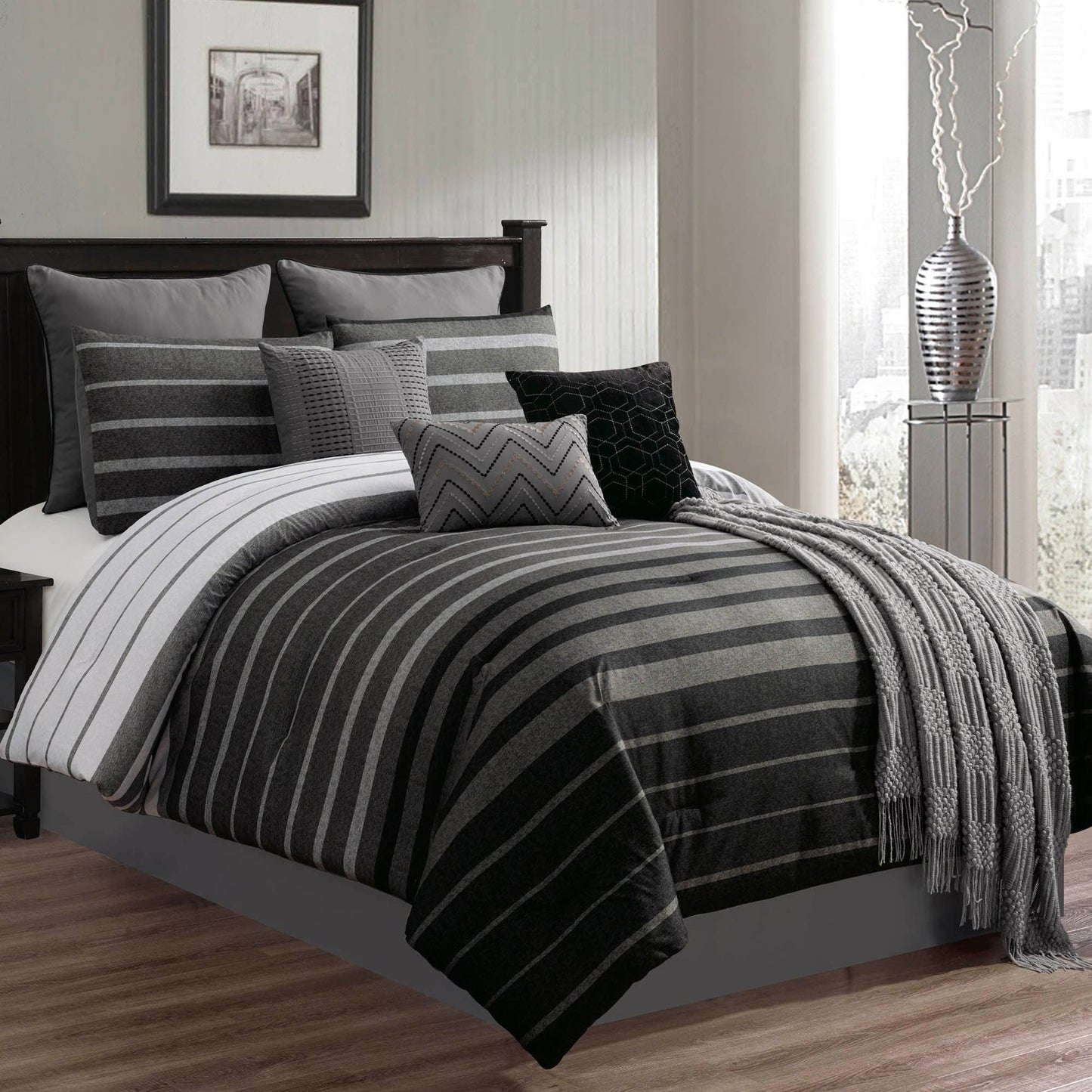 Home 79657 Barkley Comforter Set, Black & Gray - King Size - 10 Piece