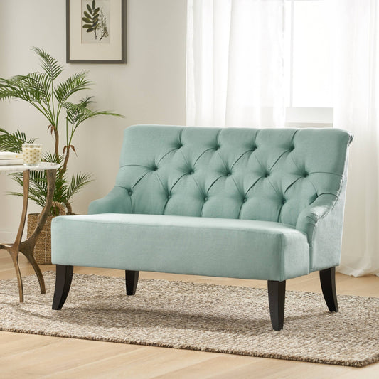 House Nicole Tufted Fabric Settee In Light Beige And Dark Brown
