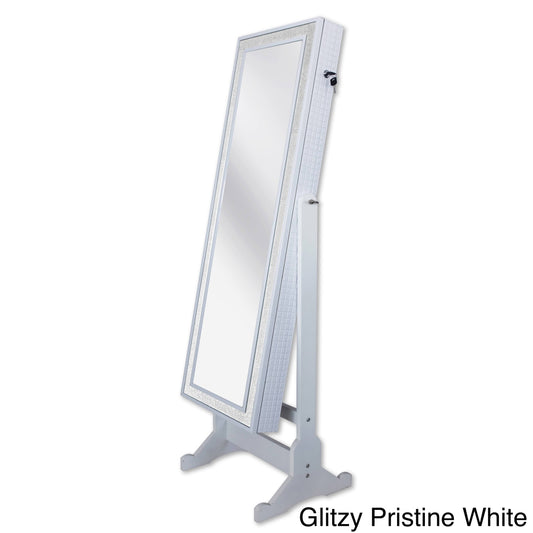 Home Design Glam Cheval Mirror Jewelry Storage Armoire Pristine White