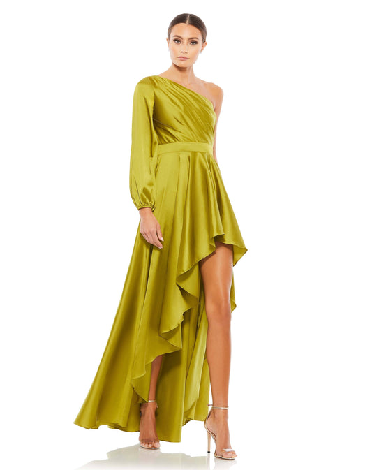 High Low One Shoulder Flowy Gown - Green - 2