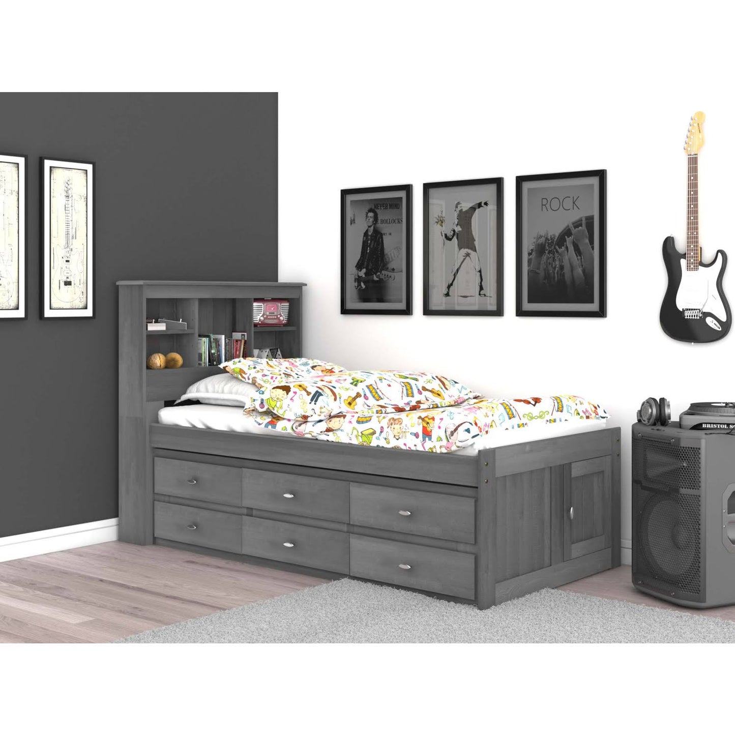 Home And Office Furniture Model 83220k6-22 Solid Pine Twin Captains Bookcase Bed With 6 Drawers In Charcoal Gray