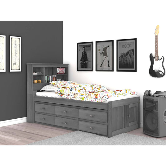 Home And Office Furniture Model 83220k6-22 Solid Pine Twin Captains Bookcase Bed With 6 Drawers In Charcoal Gray