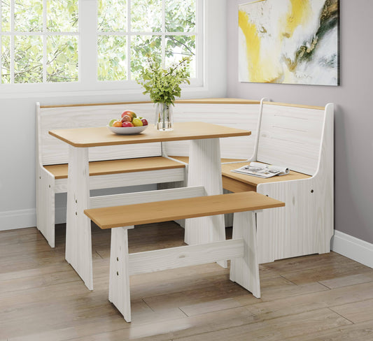 Home Furniture Chapman 2 Tone Natural/White Solid Wood Corner Dining Set, Reversible Breakfast Nook