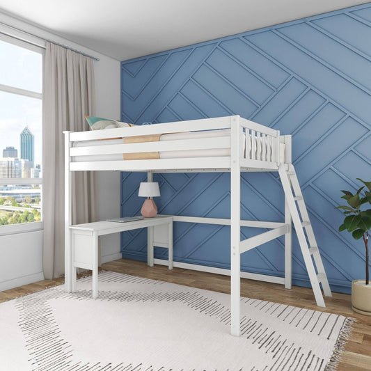 High Loft Bed With Ladder On End And Desk - White