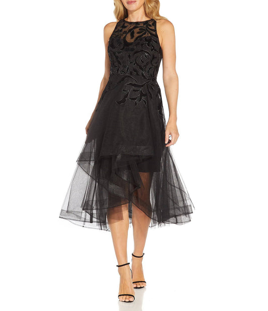 Illusion Neck Velvet Applique High Low Tulle Midi Dress - 14