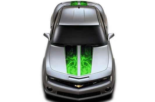 Hood & Trunk Race Stripes Graphics Kit 3m Vinyl Decal Wrap Compatible With Chevy Camaro 2010-2015 - Green Flames V2