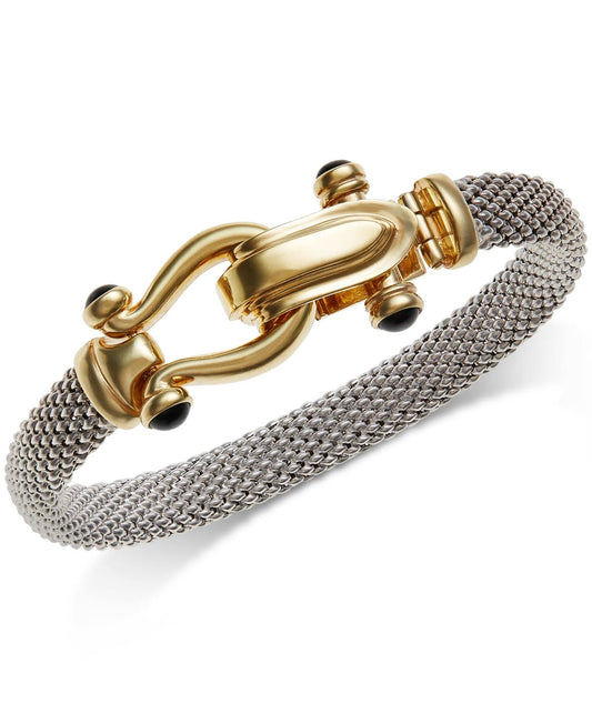 Horseshoe Bangle Bracelet With Black Spinel Accents In Sterling Silver And 14k Gold Over Silver - Two-Tone