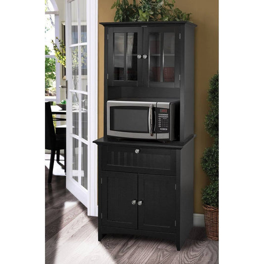 Home And Office Buffet And Hutch With Framed Glass Doors And Drawer In Black