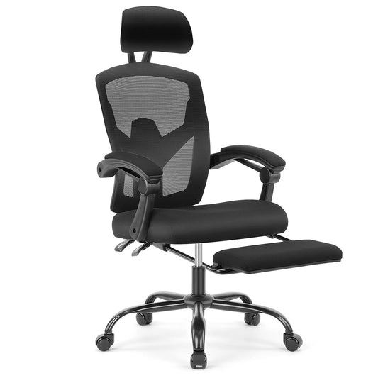 High Back Office Chair With Lumbar Pillow And Retractable Footrest, Mesh Office Chair With Padded Armrests And Adjustable Headrest, Swivel