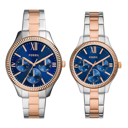 His And Hers Multifunction Two-Tone Stainless Steel Watch Set - Rose Gold / Silver