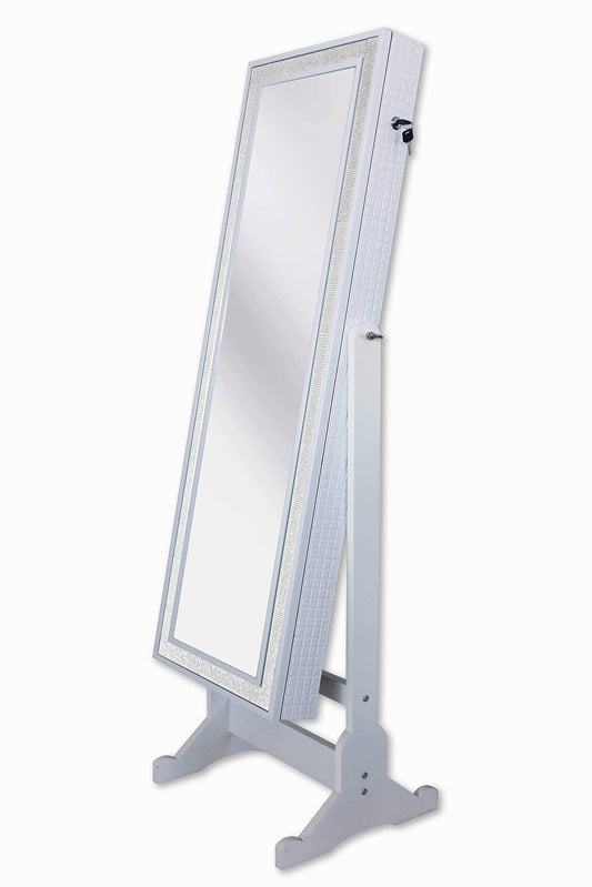 Home Glitzy Pristine White Crystal-Bordered Rectangular Jewelry Armoire Cheval Full-Length Mirror