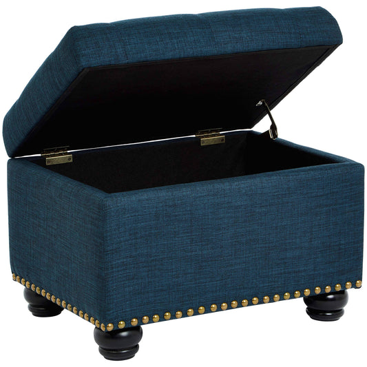 Hill Callah Rectangular Storage Ottoman With Tufted Fabric Upholstery, Victorian Blue, Blue Linen