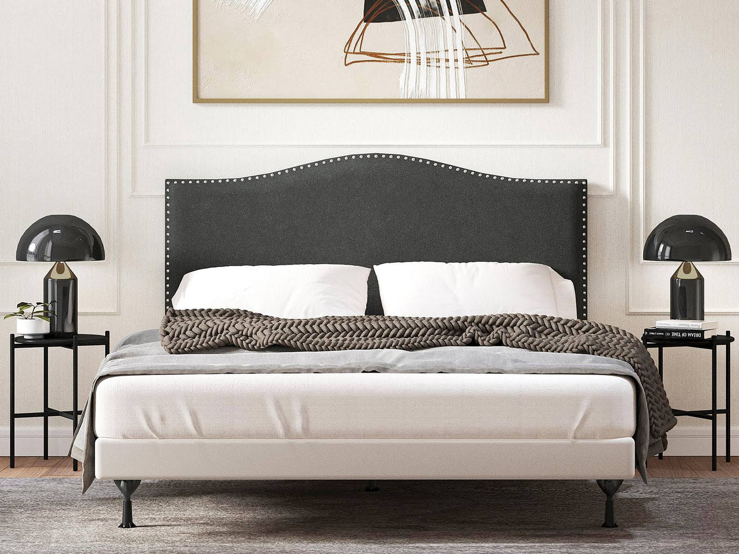 Home Kameli Nailhead-Trim Camelback Upholstered Headboard, Gray, Full/Queen