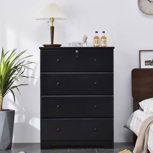 Home Products Isabela Solid Pine Wood 4 Drawer Chest Dresser In Black