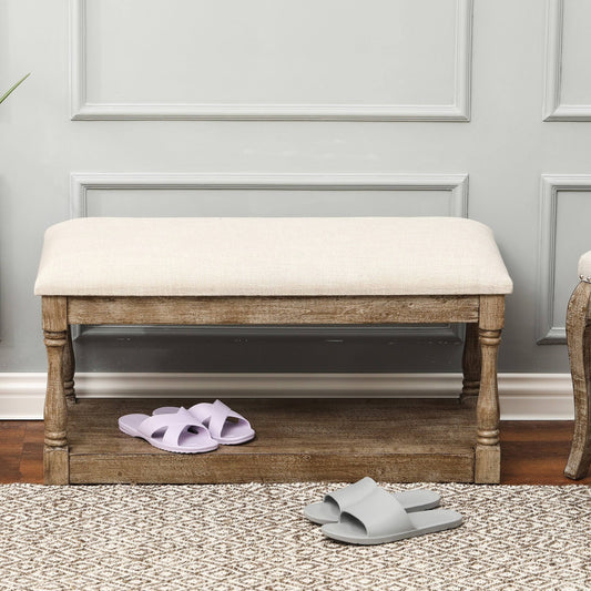 Home Upholstered Beige Linen Entryway And Bedroom Bench