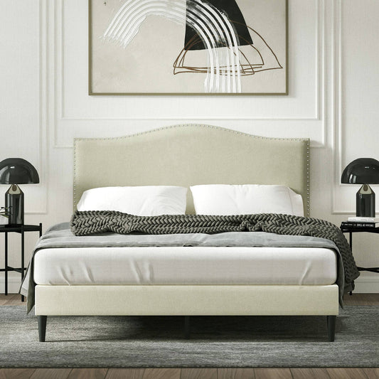 Home Queen Upholstered Platform Bed Frame | Beige